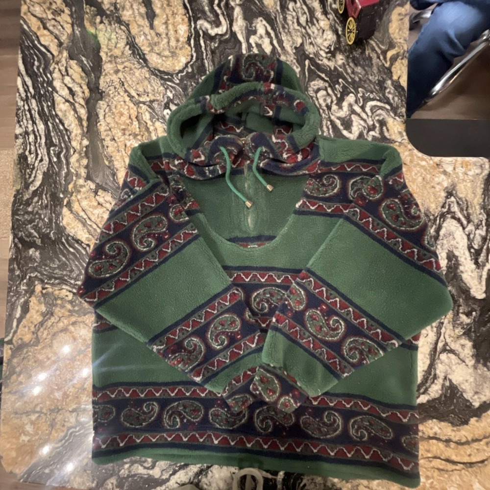 VTG Express Quarter Zip Fleece Green Geometric Paisley Winter L‎ 90s Oversized - Picture 5 of 11